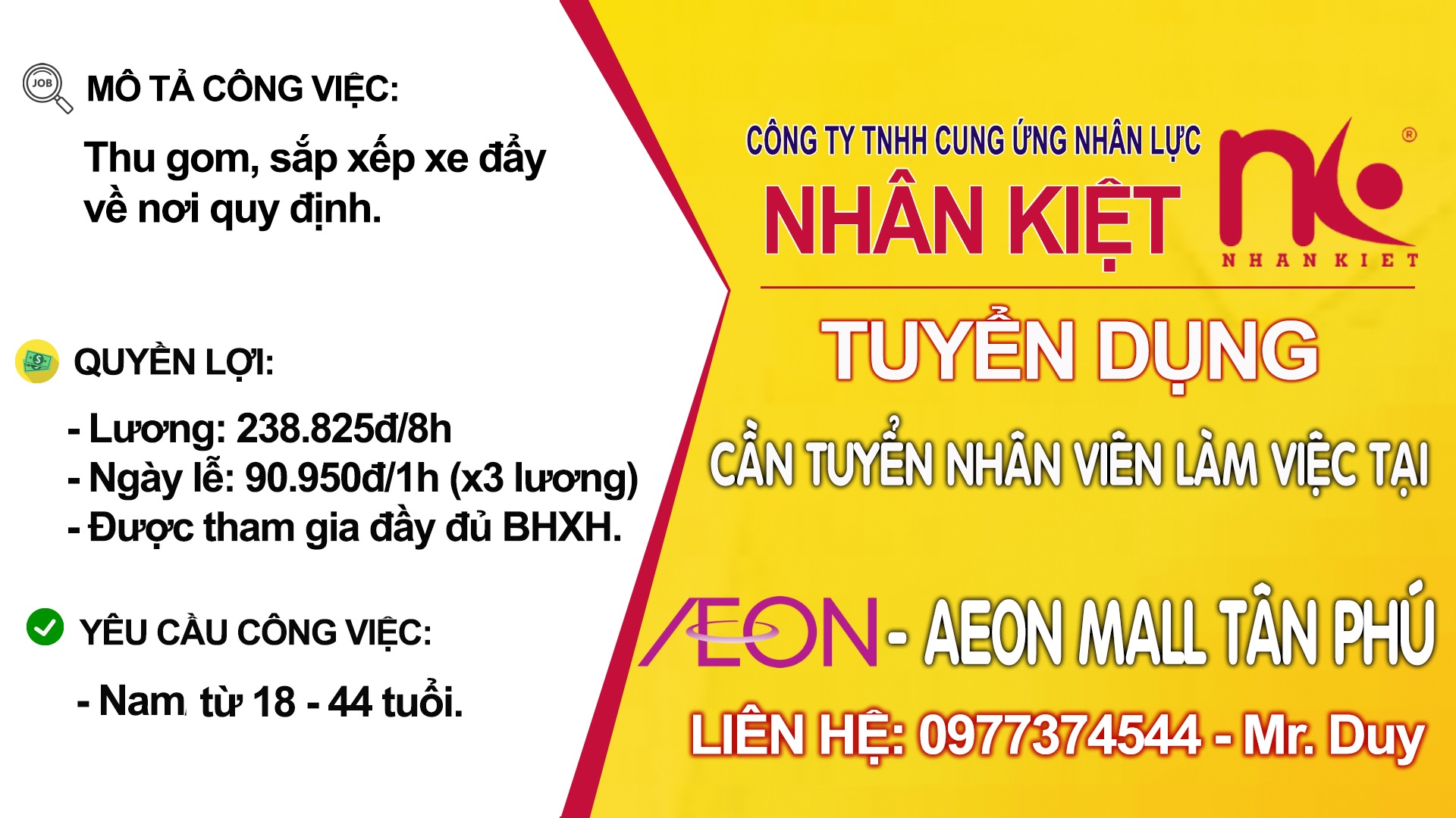 TUYỂN NHÂN VIÊN LÀM VIỆC TẠI TRUNG TÂM THƯƠNG MẠI AEON TÂN PHÚ